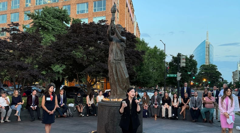 Anna Kwok speaks during an event commemorating China's June 4, 1989 Tiananmen Square crackdown on pro-democracy movement in Washington D.C., on June 3, 2024. (AP Photo/Didi Tang)