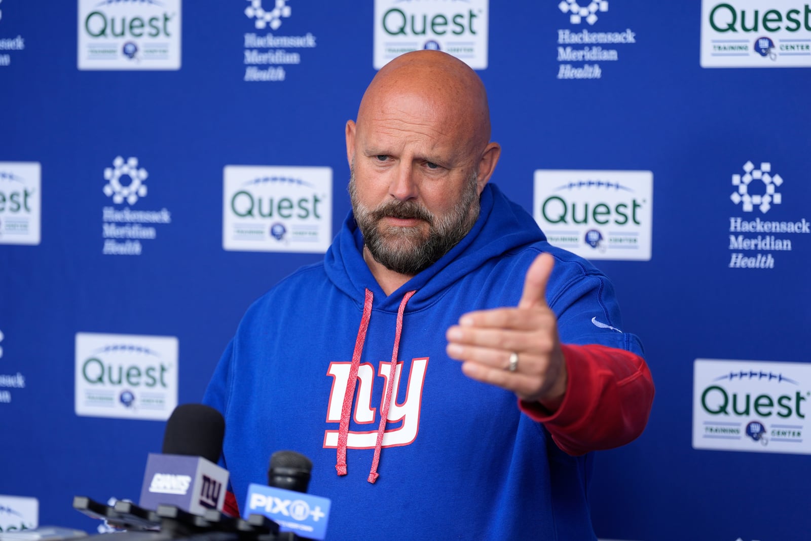 New York Giants head coach Brian Daboll speaks to reporters before NFL football practice in East Rutherford, N.J., Wednesday, May 28, 2025. (AP Photo/Seth Wenig)