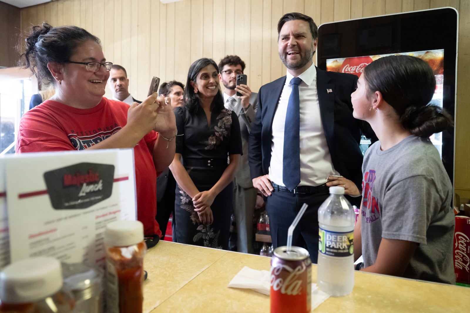 Vice President JD Vance and second lady Usha Vance, greet patrons during a surprise stop at the Majestic Lunch diner in Pittston, Pa., Wednesday. July 16, 2025. (Saul Loeb/Pool via AP)