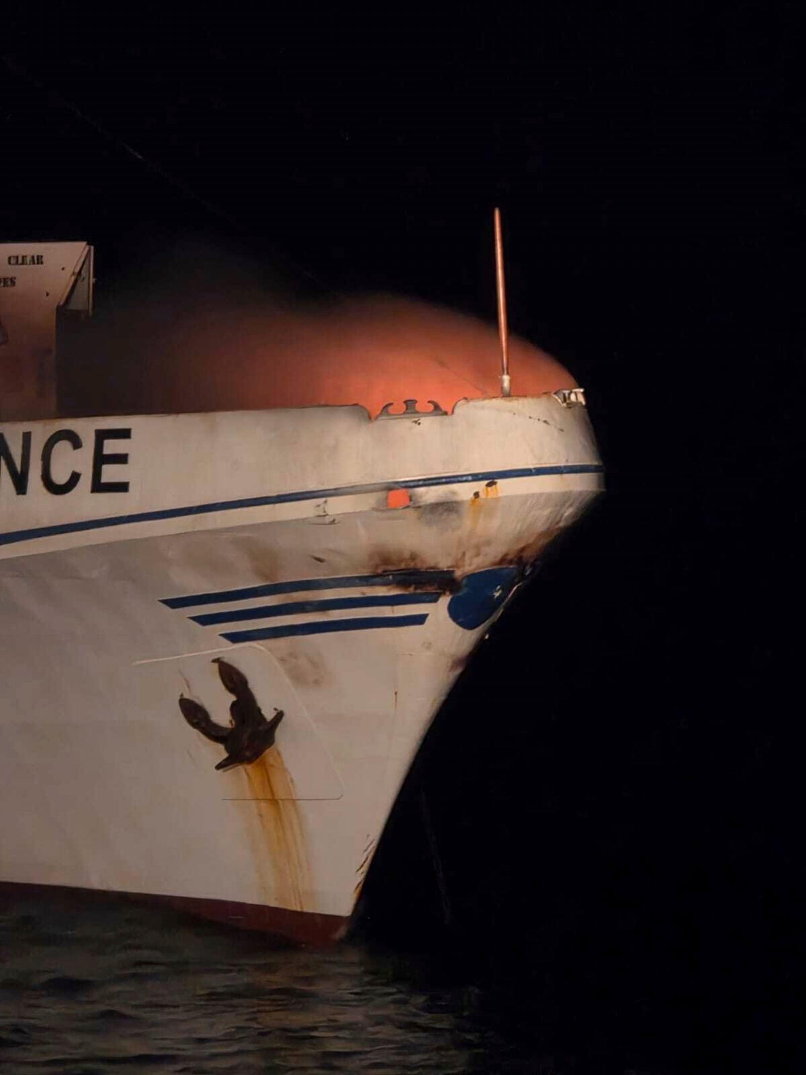 In this photo provided by the Government of Cyprus, a fire burns on the ship The Conscience, after a drone struck the vessel carrying aid to Gaza off the coast of Malta, Friday, May 2, 2025. (Government of Cyprus via AP)