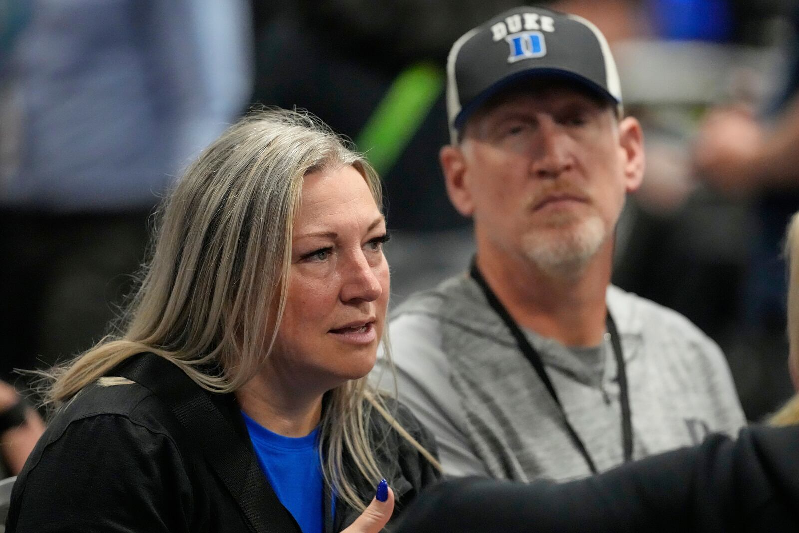 Kelly Flagg, left, and her husband Ralph, attend a news conference for their son, Duke forward Cooper Flagg, Associated Press Player of the Year, ahead of the Final Four college basketball games in the NCAA Tournament Friday, April 4, 2025, in San Antonio. (AP Photo/Eric Gay)