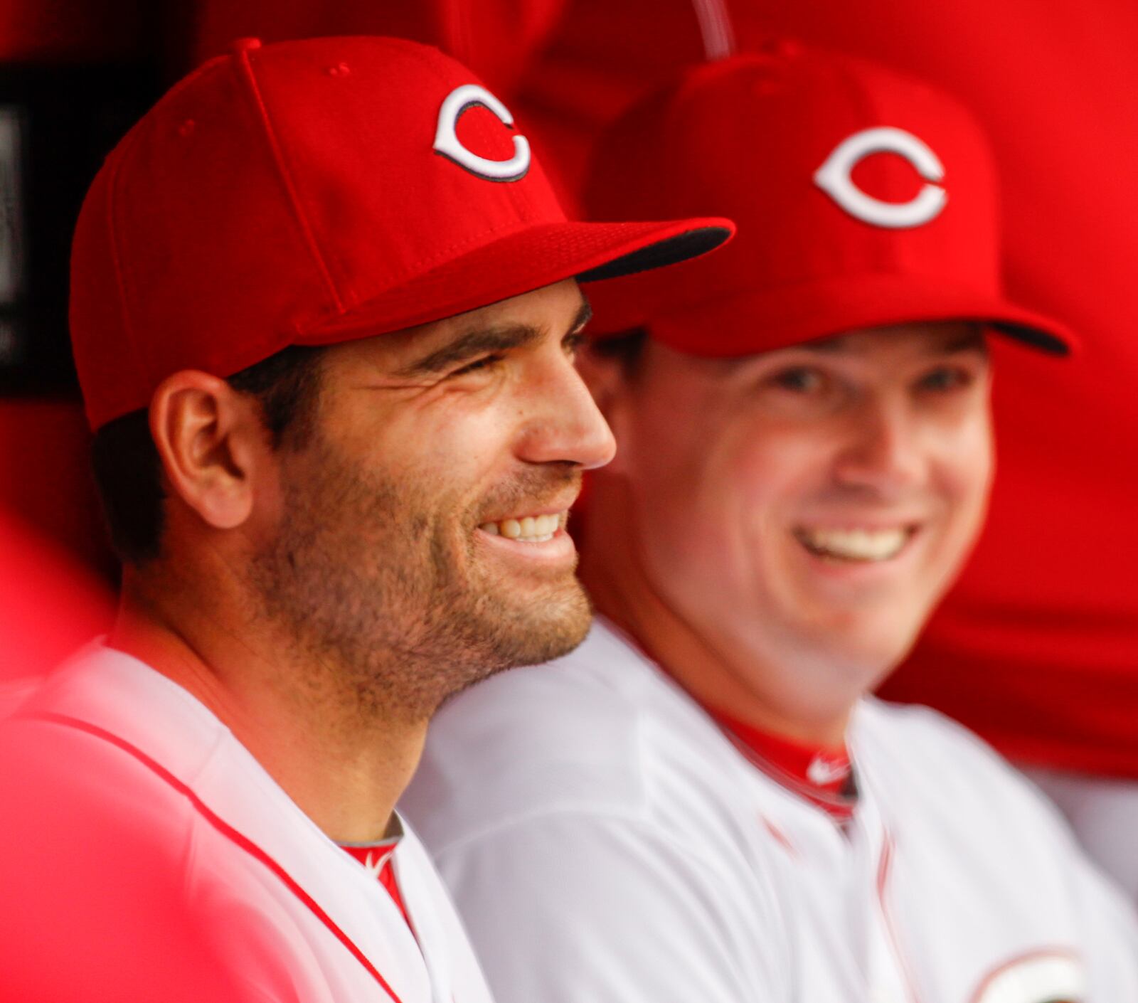 The Reds' Joey Votto and Jay Bruce share a laugh before a game against the Pirates in the conclusion of a suspended game on Tuesday, April 15, 2014, at Great American Ball Park in Cincinnati. David Jablonski/Staff