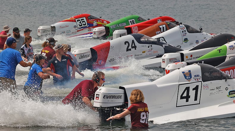 The American Power Boat Association (APBA), which runs the local Solar Splash and Wake the Lake competition, will now be headquartered in Springfield at the Clark County Fairgrounds. In this file photo, boat racing pit crews release their boats at the start a qualifying heat at a previous Wake the Lake event at Champions Park Lake in Clark County. FILE The American Power Boat Association (APBA), which runs the local Solar Splash and Wake the Lake competition, will now be headquartered in Springfield at the Clark County Fairgrounds. In this file photo, boat racing pit crews release their boats at the start a qualifying heat at a previous Wake the Lake event at Champions Park Lake in Clark County. FILE