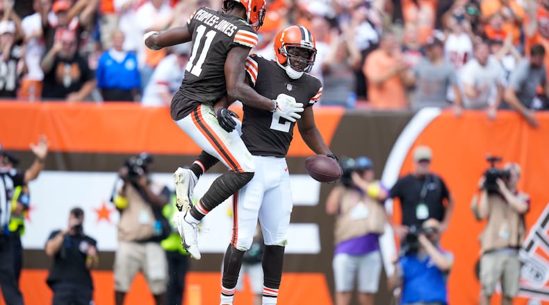 FILE -- Cleveland Browns wide receiver Amari Cooper (2) celebrates a touchdown against the New York Jets in Cleveland, Ohio, Sept. 18, 2022. Cooper played chess with Chidobe Awuzie while they were teammates with the Dallas Cowboys. (AJ Mast/The New York Times)