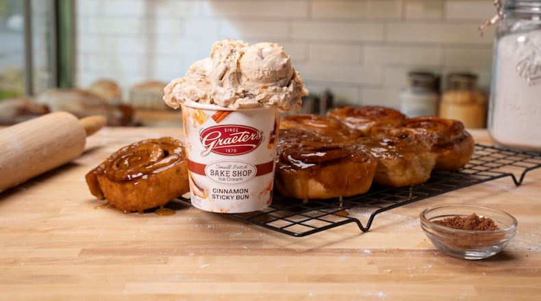 Cinnamon Sticky Bun ice cream by Graeter's is inspired by a cinnamon roll with a cinnamon base, swirled with brown sugar, sticky bun dough pieces, and crunchy toffee pieces. CONTRIBUTED