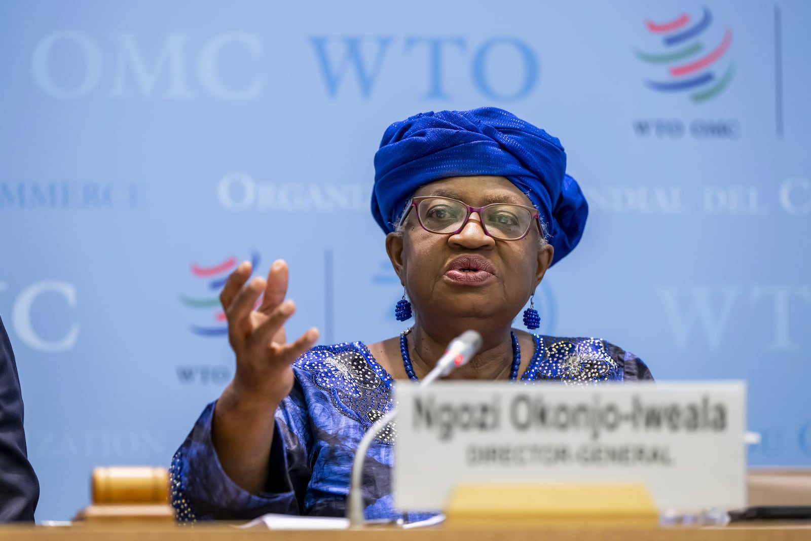 Ngozi Okonjo-Iweala, left, Director-General of the WTO talks to the media about this WTO's "Global Trade Outlook and Statistics - April 2025" during a press conference at the headquarters of the World Trade Organization in Geneva, Switzerland, Wednesday, April 16, 2025. (Martial Trezzini/Keystone via AP)