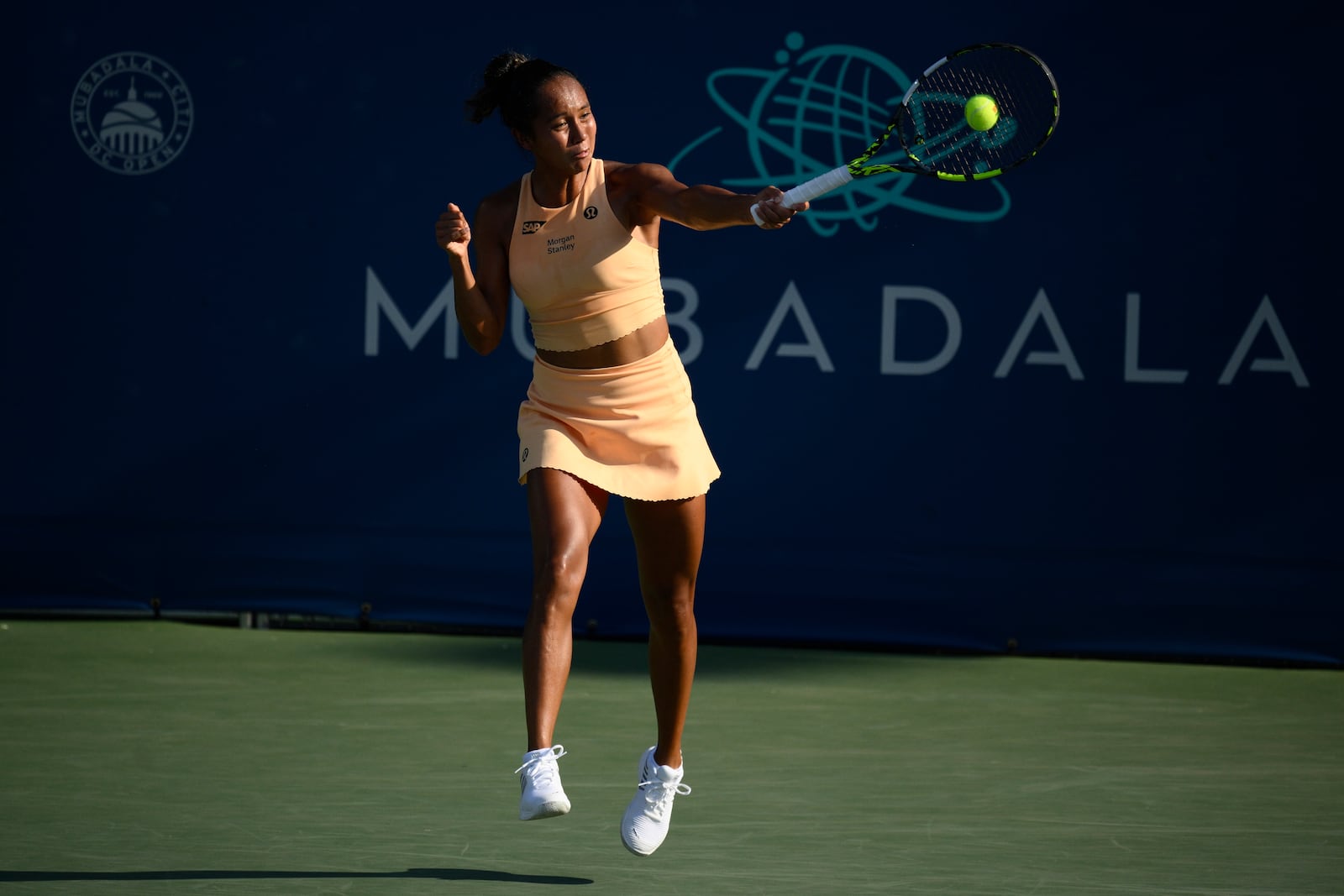 Leylah Fernandez, of Canada, returns the ball against Jessica Pegula during a match at the Citi Open tennis tournament Thursday, July 24, 2025, in Washington. (AP Photo/Nick Wass)