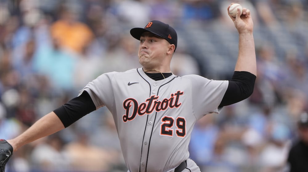 FILE - Detroit Tigers starting pitcher Tarik Skubal throws during the first inning of a baseball game against the Detroit Tigers, Aug. 31, 2025, in Kansas City, Mo. (AP Photo/Charlie Riedel, file)