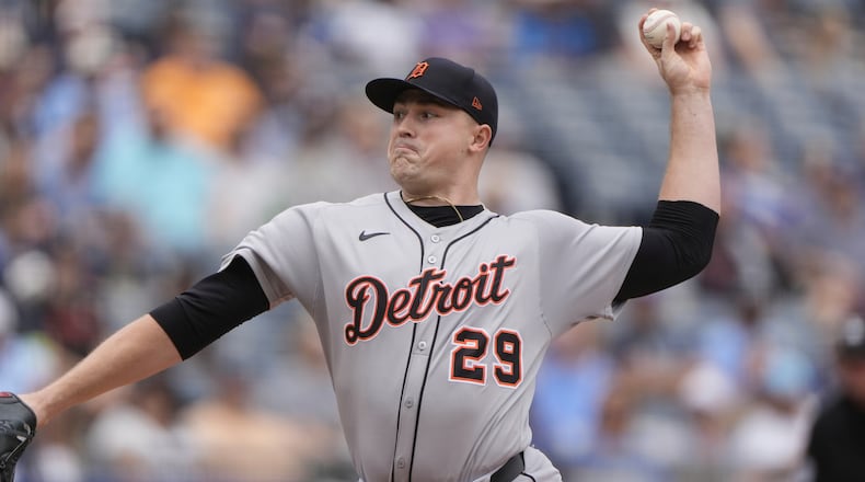 FILE - Detroit Tigers starting pitcher Tarik Skubal throws during the first inning of a baseball game against the Detroit Tigers, Aug. 31, 2025, in Kansas City, Mo. (AP Photo/Charlie Riedel, file)