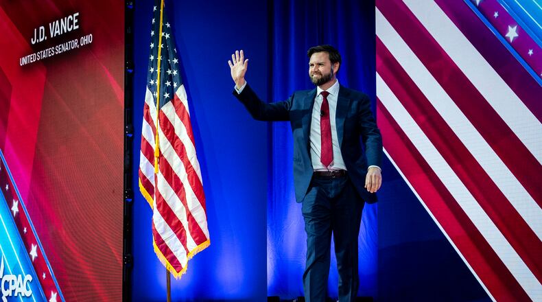 FILE — Sen. J.D. Vance (R-Ohio) arrives to speak at the Conservative Political Action Conference in National Harbor, Md., on Feb. 23, 2024. Former President Donald Trump has chosen Vance to be his running mate, wagering that the young senator will bring fresh energy to the Republican ticket and ensure that the movement Trump began nearly a decade ago can live on after him. (Haiyun Jiang/The New York Times)