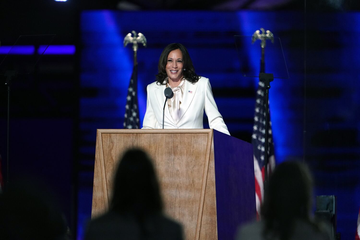 Vice President-elect Kamala Harris speaks in Wilmington, Del., on Saturday night, Nov. 7, 2020. (Erin Schaff/The New York Times)