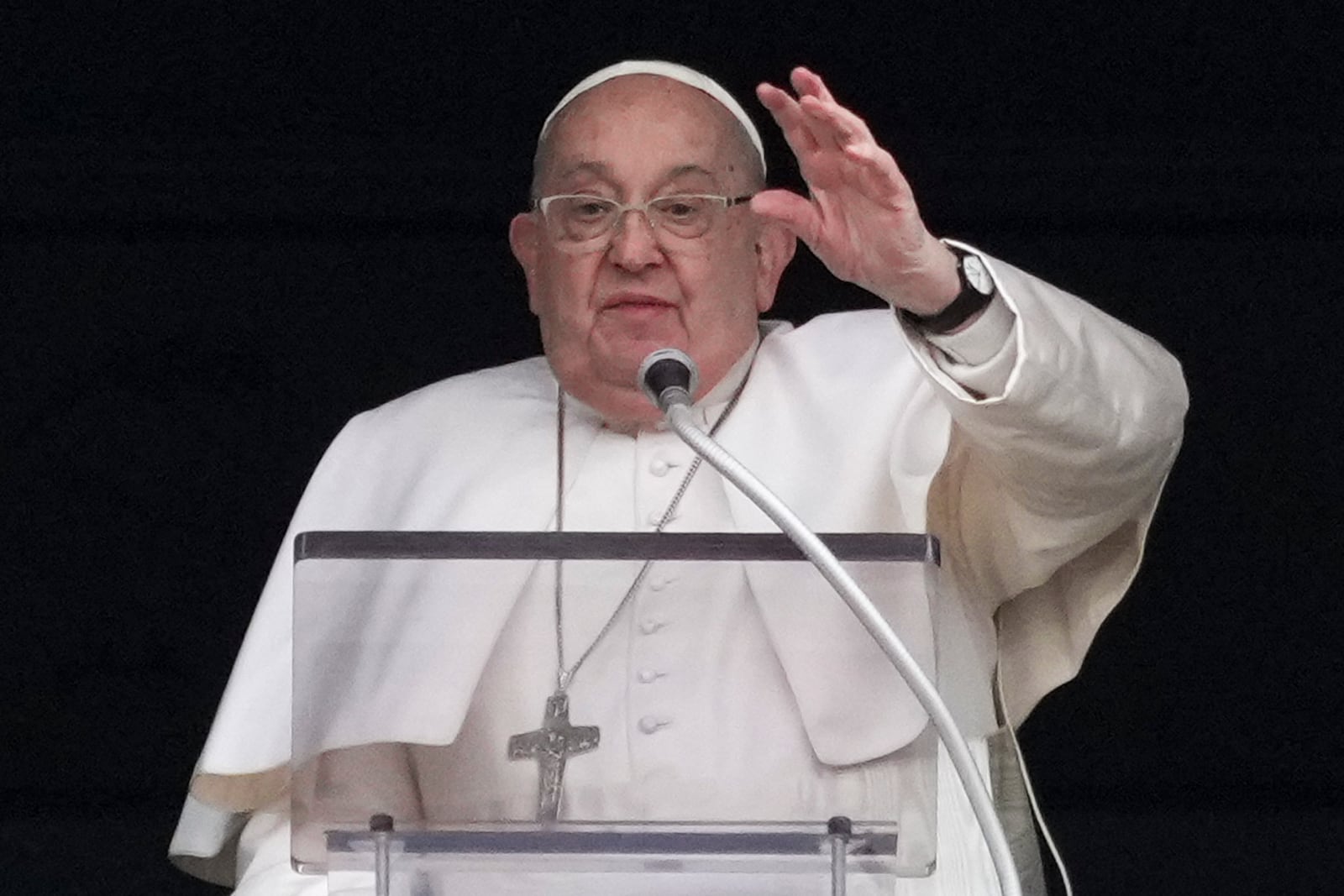 FILE - Pope Francis delivers his blessing as he recites the Angelus noon prayer from the window of his studio overlooking St.Peter's Square, at the Vatican, Sunday, Jan. 19, 2025. (AP Photo/Andrew Medichini, file)