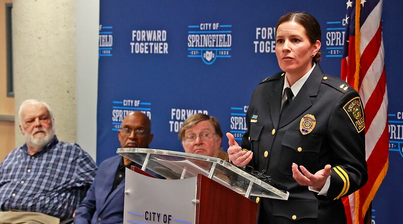 Capt. Allison Elliott, the new Springfield Police Chief, speaks during a press conference announcing her position Monday, Dec. 19, 2022 during a press conference at City Hall. BILL LACKEY/STAFF