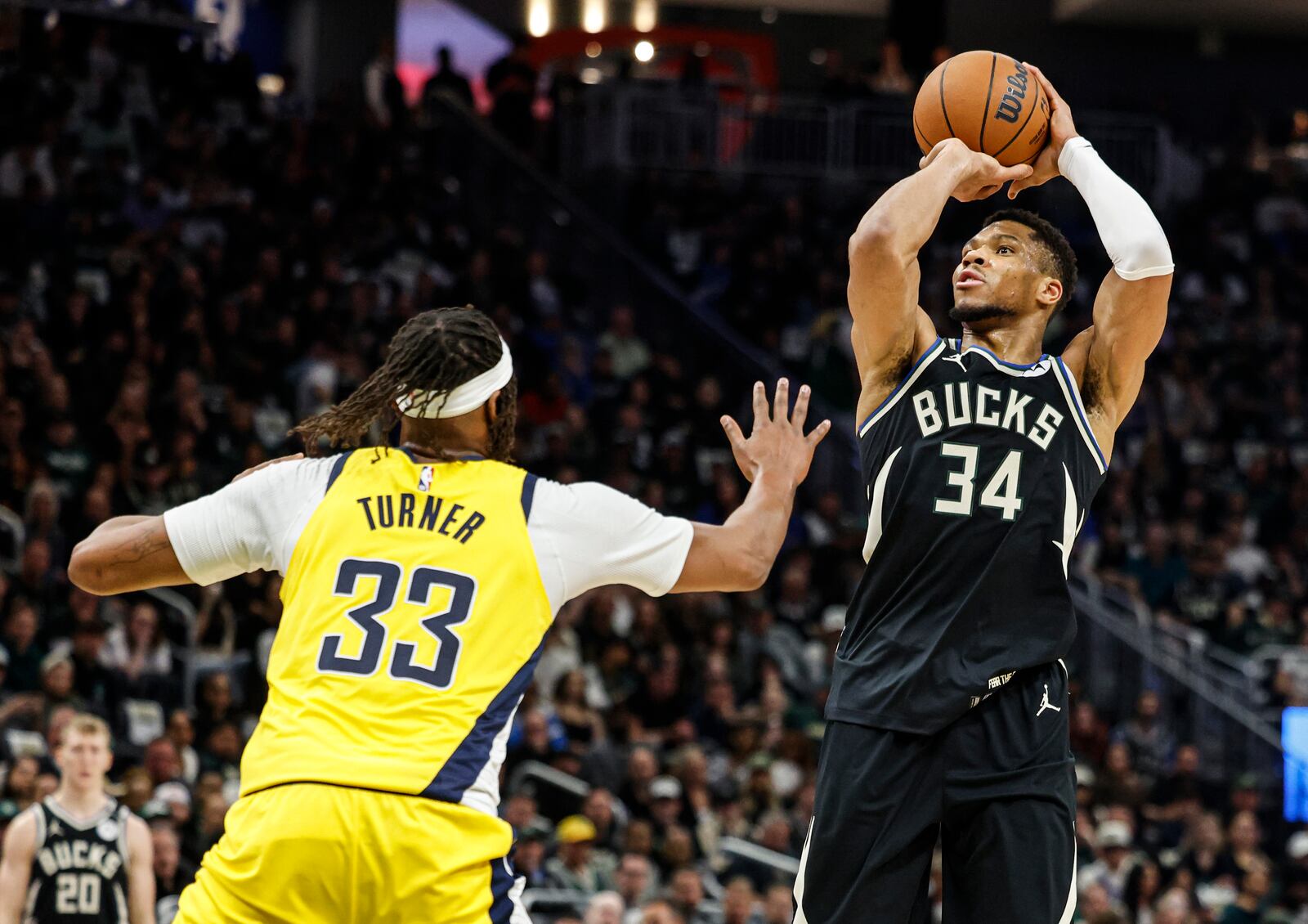 Milwaukee Bucks' Giannis Antetokounmpo (34) shoots against the Indiana Pacers' Myles Turner during the first half of Game 4 of a first-round NBA basketball playoff series Sunday, April 27, 2025, in Milwaukee. (AP Photo/Jeffrey Phelps)