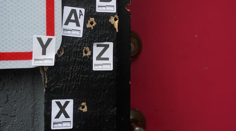 Bullet holes are shown where a mass shooting took place Saturday at a banquet hall in Stockton, Calif., Monday, Dec. 1, 2025. (AP Photo/Jeff Chiu)