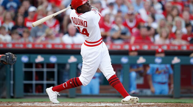 CINCINNATI, OH - AUGUST 17: Aristides Aquino #44 of the Cincinnati Reds bats in the third inning against the St. Louis Cardinals at Great American Ball Park on August 17, 2019 in Cincinnati, Ohio. The Reds won 6-1. (Photo by Joe Robbins/Getty Images)