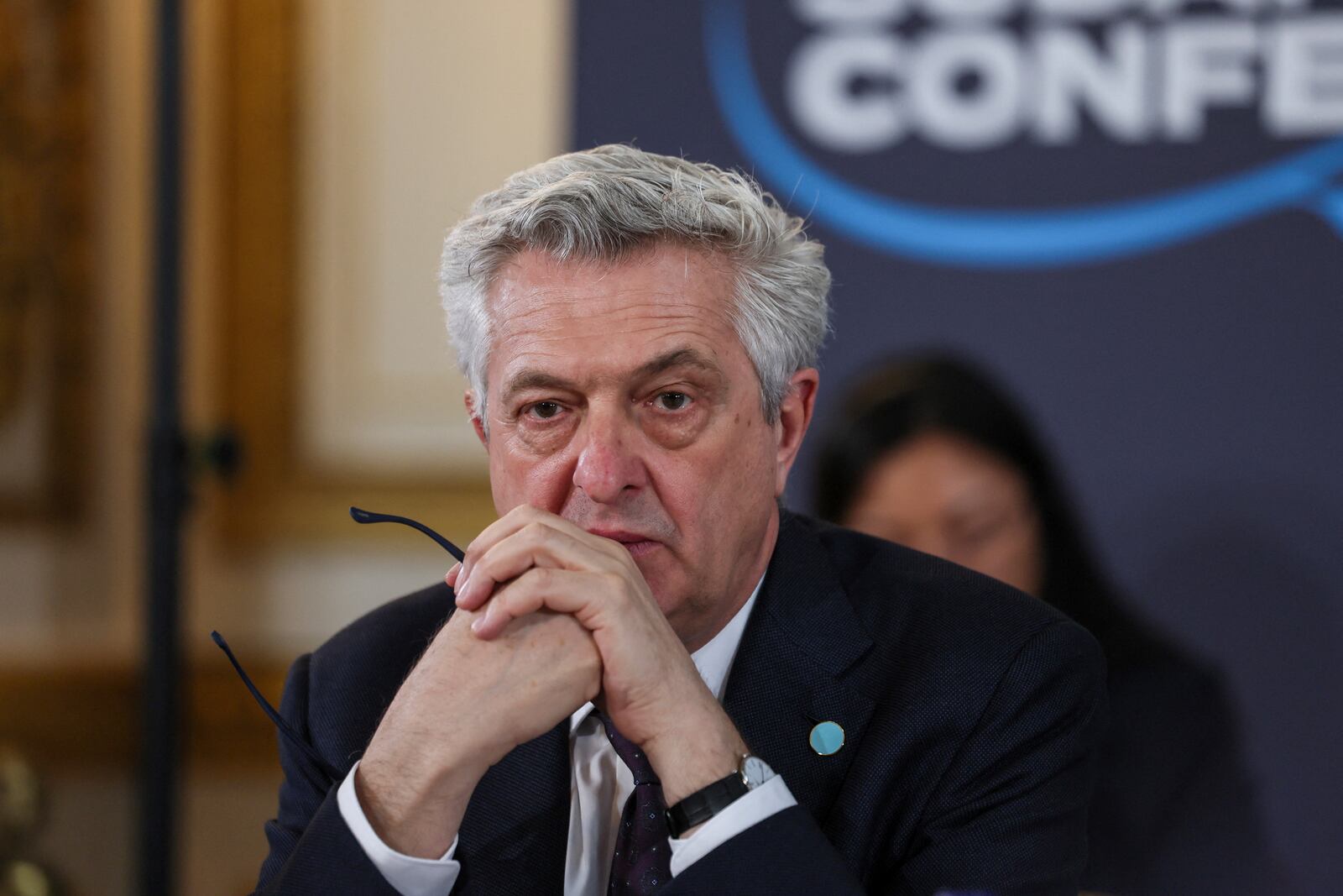 Filippo Grandi, United Nations High Commissioner for Refugees, attends the London Sudan conference at Lancaster House in London, Tuesday, April 15, 2025. (Isabel Infantes/Pool Photo via AP)
