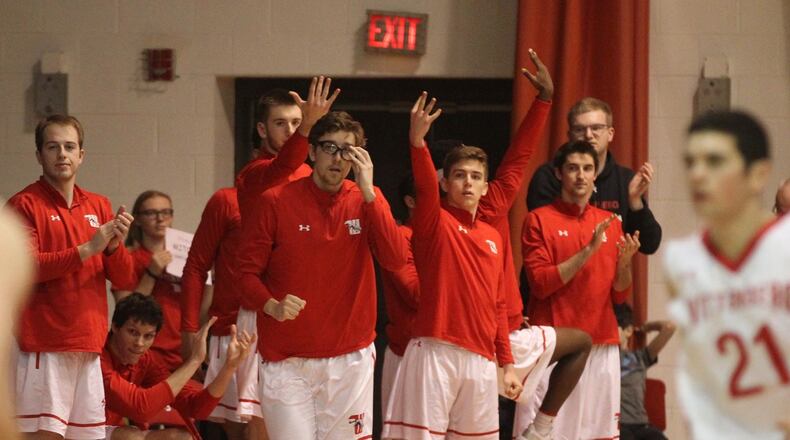 Wittenberg reacts to a score against Wabash on Wednesday, Feb. 13, 2019, at Pam Evans Smith Arena in Springfield. David Jablonski/Staff