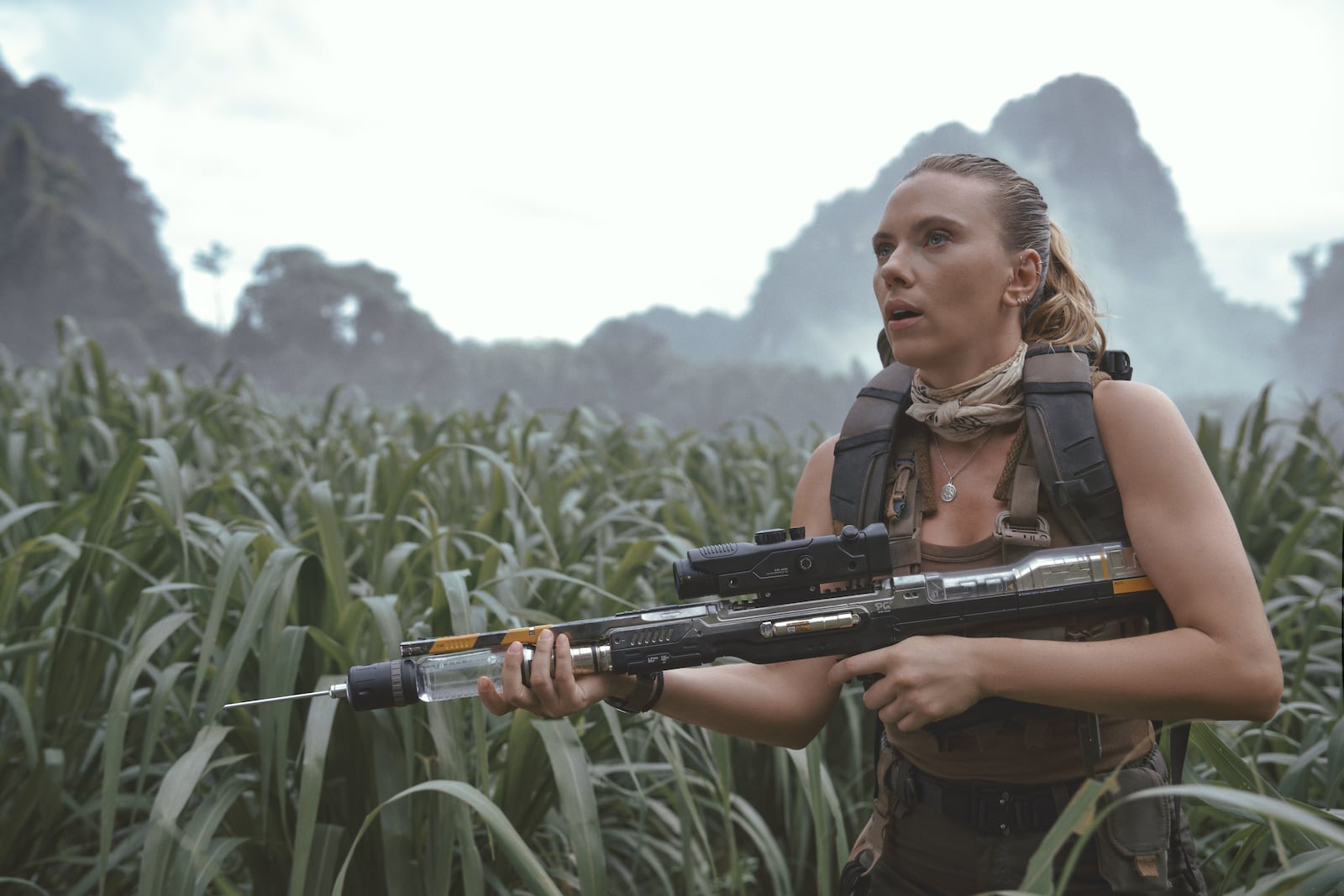 This image released by Universal Pictures and Amblin Entertainment shows Scarlett Johansson in a scene from " Jurassic World: Rebirth." (Jasin Boland/Universal Pictures and Amblin Entertainment via AP)