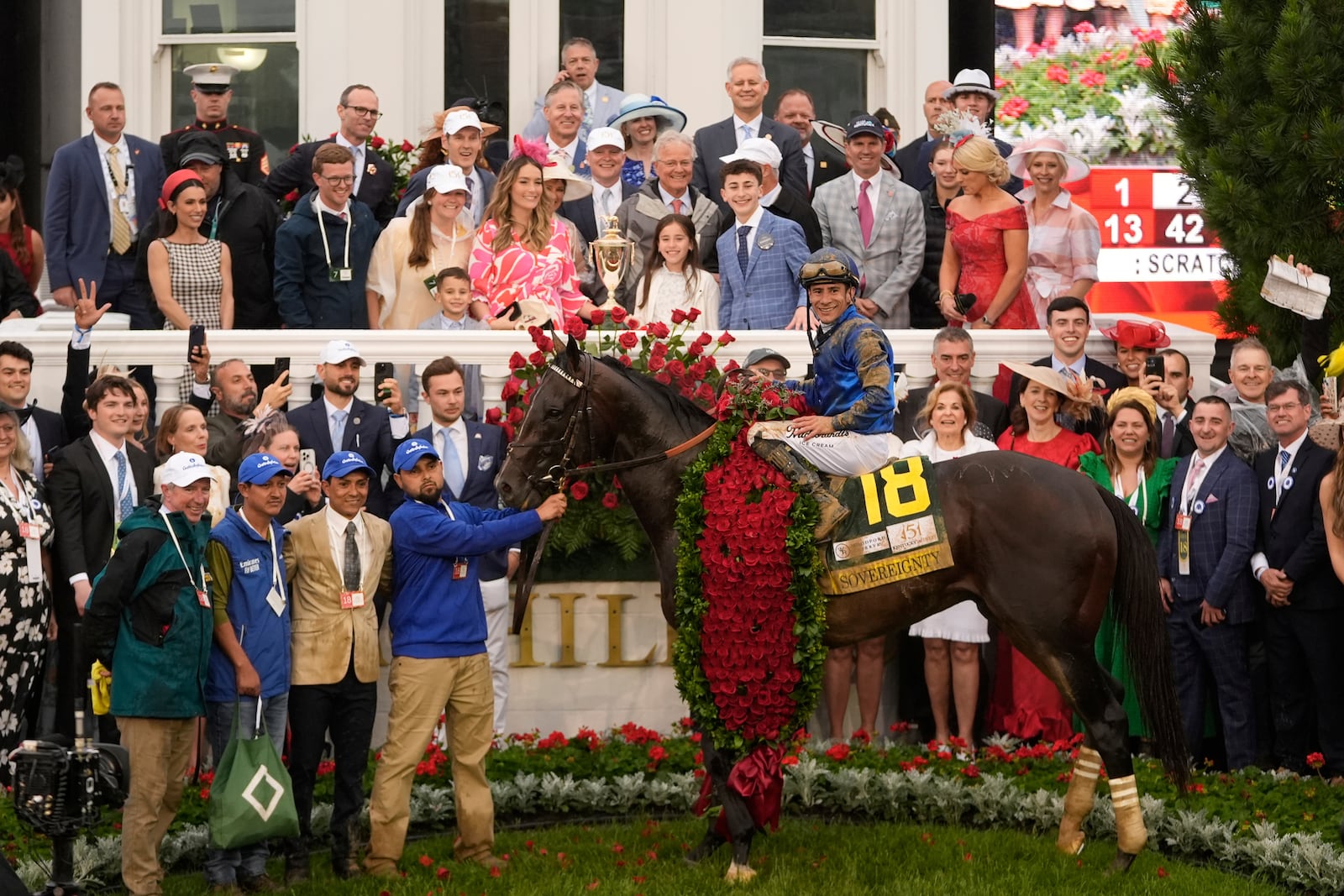 Jockey Junior Alvarado celebrates after riding Sovereignty to victory in the 151st running of the Kentucky Derby horse race at Churchill Downs Saturday, May 3, 2025, in Louisville, Ky. (AP Photo/Abbie Parr)