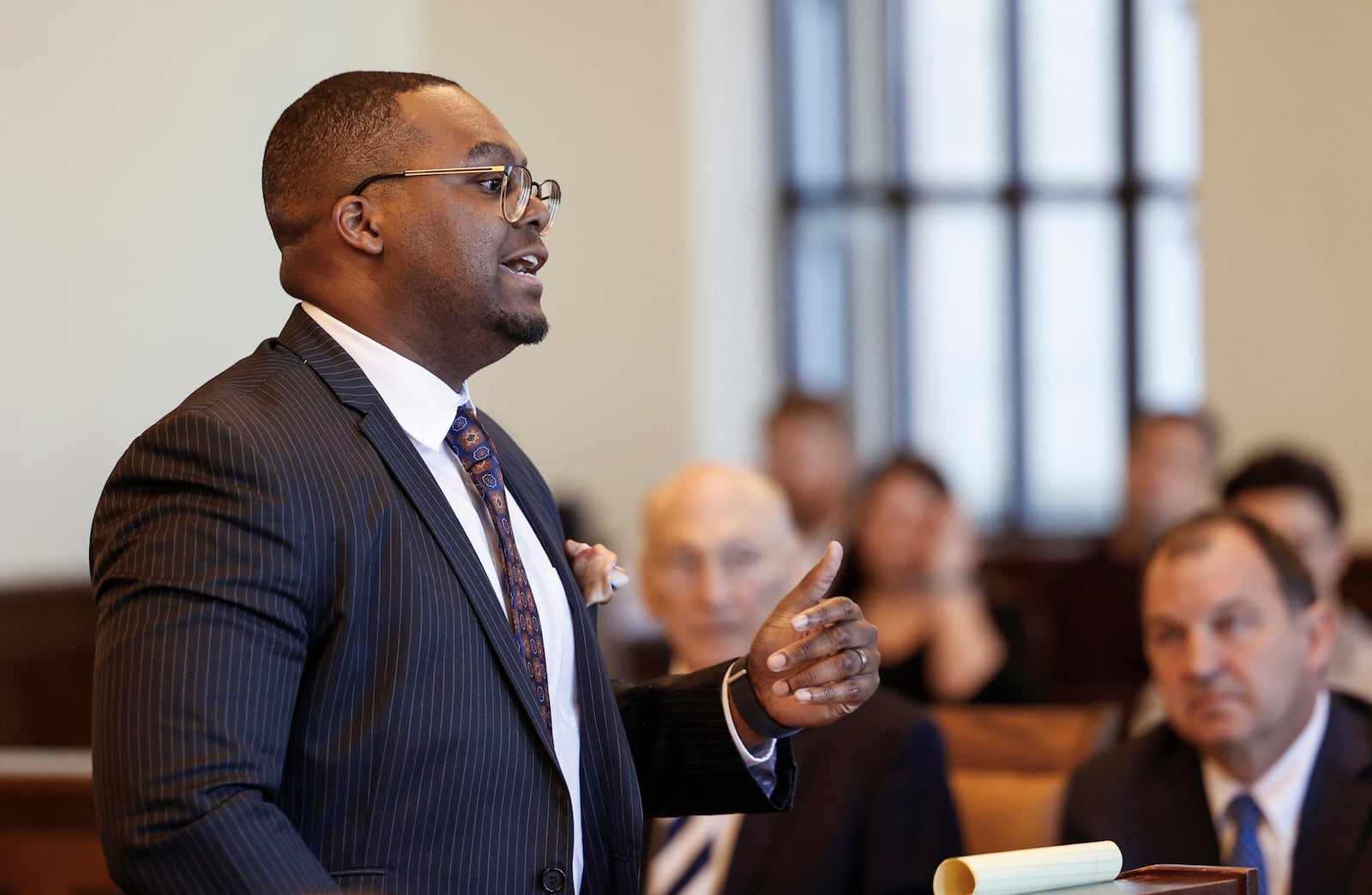 Clark County Assistant Prosecutor Kadawni Scott speaks during opening arguments in a murder trial for William Brock. The 83-year-old is accused of fatally shooting Lo-Letha “Letha” Toland-Hall, a 61-year-old Uber driver in March 2024 because he reportedly believed she was trying to rob him after scammers deceived them. JOSEPH COOKE/STAFF