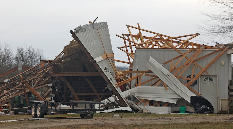 A destroyed barn on Fletcher-Chapel Road in Clark County Wednesday, Feb. 28, 2024. BILL LACKEY/STAFF