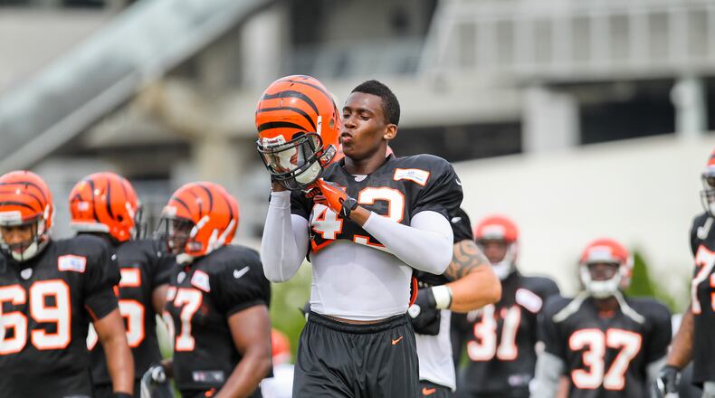 Cincinnati Bengals safety George Iloka (43) takes the field during a pre-season practice held in downtown Cincinnati Monday, Aug. 13, 2012. Staff photo by Nick Daggy