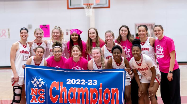 Wittenberg celebrates winning the NCAC regular-season championship on Saturday, Feb. 18, after a victory against Oberlin at Pam Evans Smith Arena in Springfield. Photo by John Coffman