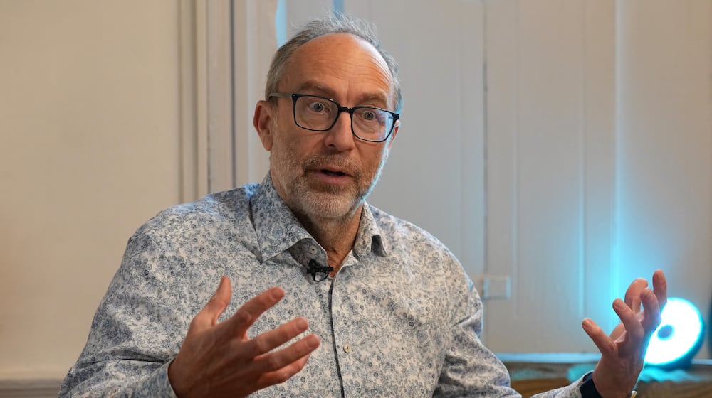 Jimmy Wales, founder of Wikipedia, gestures during an interview with The Associated Press on the occasion of Wikipedia's 25th anniversary in London, Monday, Jan. 12, 2026. (AP Photo/Frank Augstein)