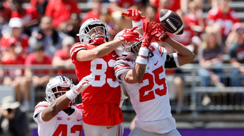 Ohio State defensive back Malik Hartford, right, breaks up a pass intended for receiver Joop Mitchell during the team's spring NCAA college football game Saturday, April 15, 2023, in Columbus, Ohio. (AP Photo/Jay LaPrete)