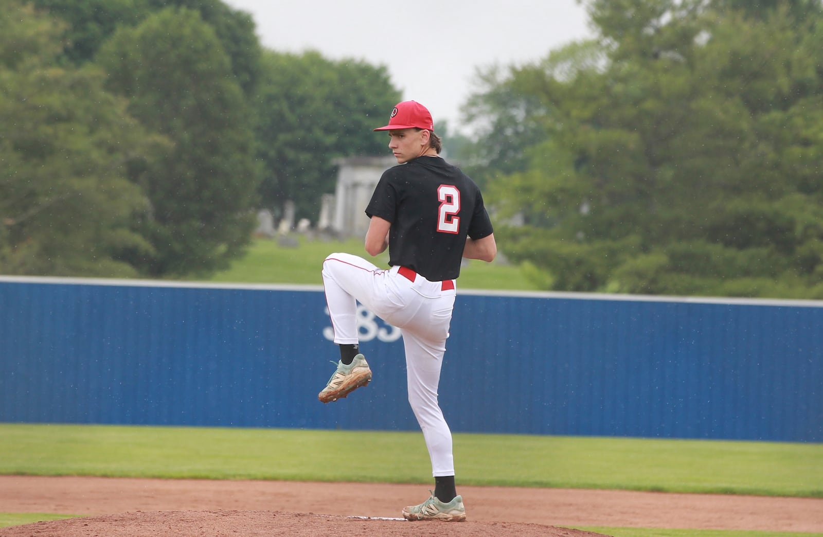 Xavier Pauling pitches in a Russia-Cedarville DVII baseball regional final June 5, 2025, at Cedarville University.