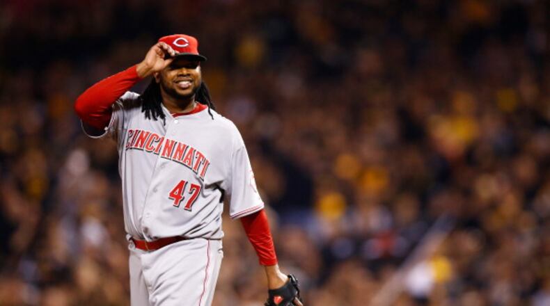 PITTSBURGH, PA - OCTOBER 01: Johnny Cueto #47 of the Cincinnati Reds reacts against the Pittsburgh Pirates during the National League Wild Card game at PNC Park on October 1, 2013 in Pittsburgh, Pennsylvania. (Photo by Jared Wickerham/Getty Images)
