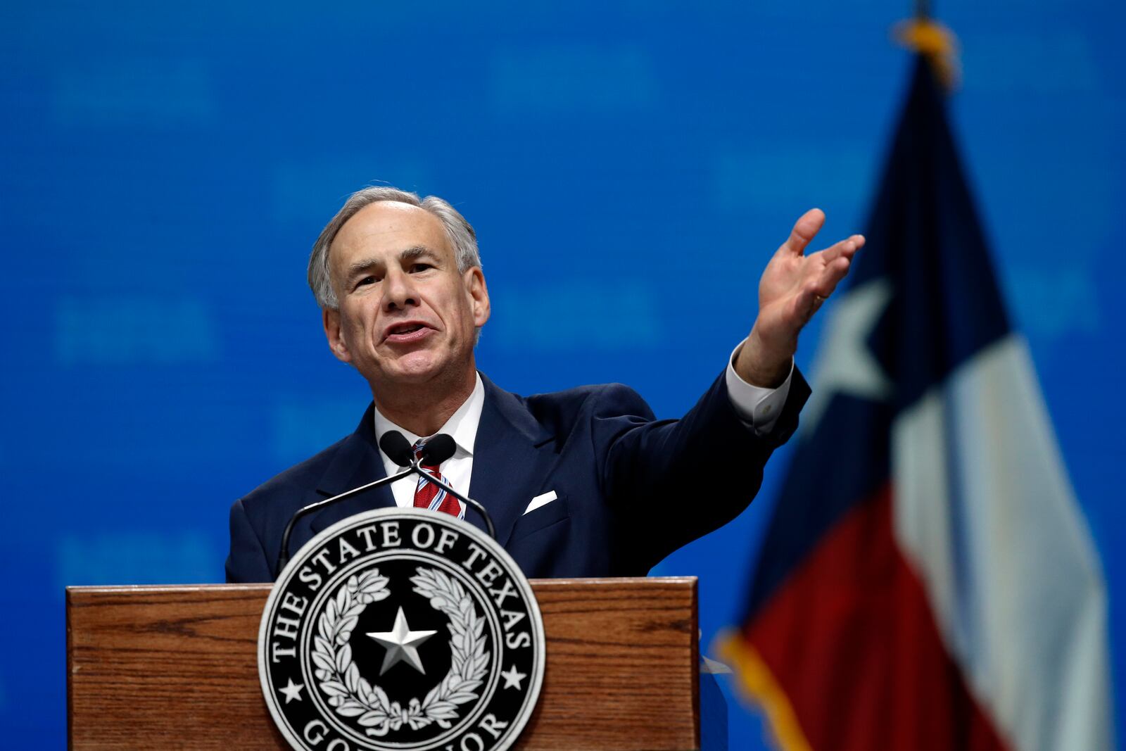 FILE - In this May 4, 2018, photo, Gov. Greg Abbott speaks at the National Rifle Association-Institute for Legislative Action Leadership Forum in Dallas. (AP Photo/Sue Ogrocki, File)