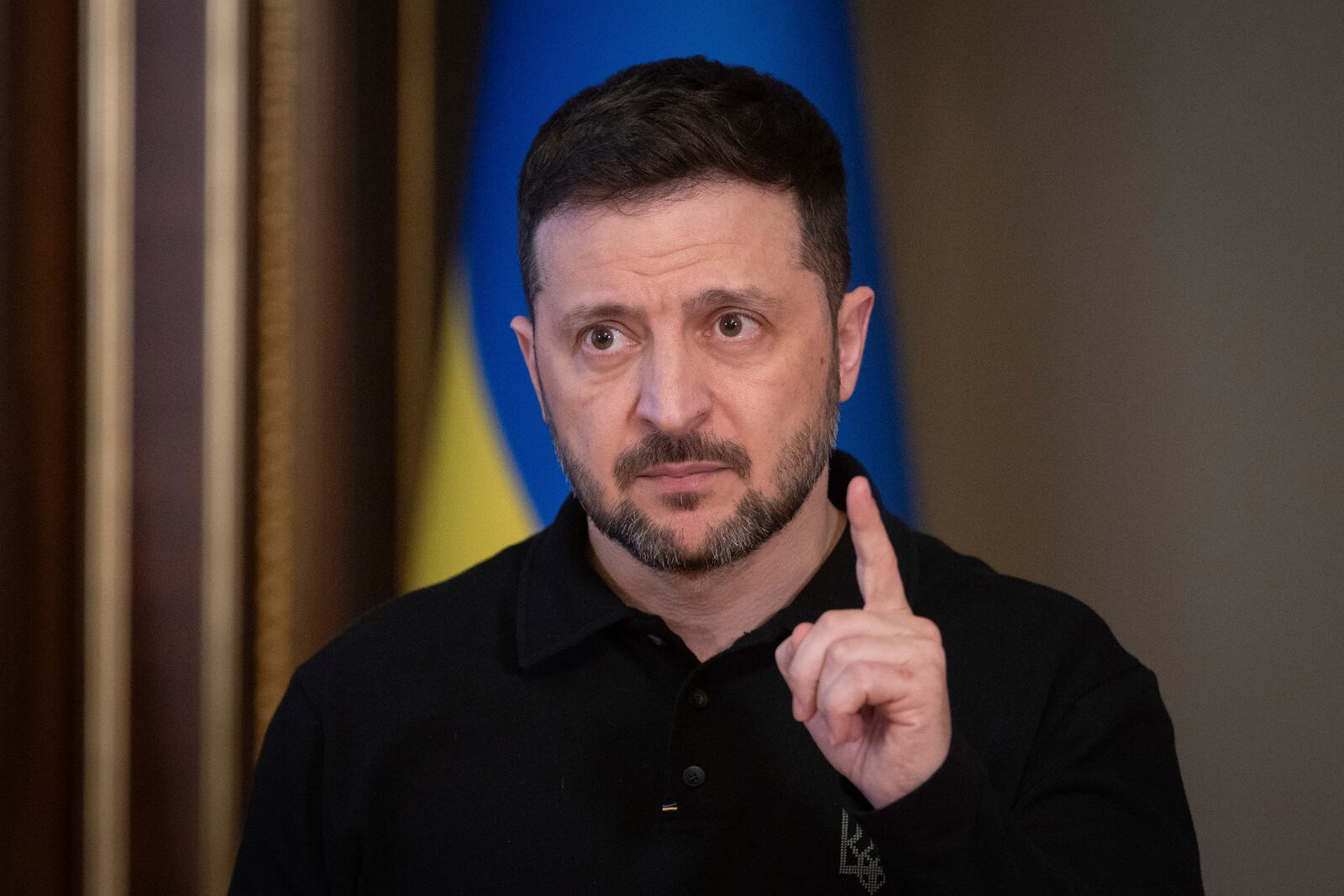 Ukrainian President Volodymyr Zelenskyy speaks during a briefing in Kyiv, Ukraine, Thursday, April 17, 2025. (AP Photo/Efrem Lukatsky)