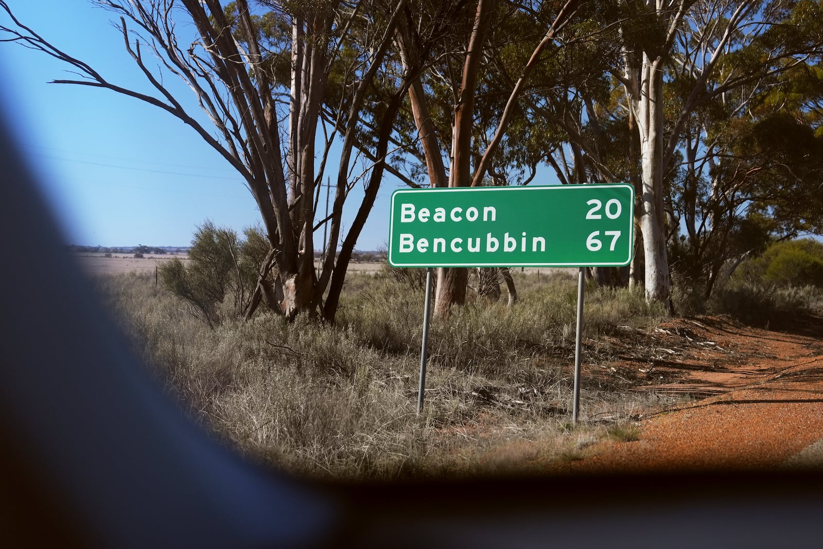 A road sign stands near Beacon, Western Australia, Friday, July 11, 2025, near where missing German backpacker Carolina Wilga was last seen. (ABC News via AP)