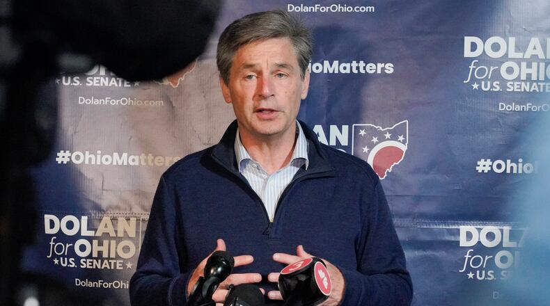 Republican U.S. Senate candidate Matt Dolan speaks to supporters during his primary election returns gathering, Tuesday, May 3, 2022, in Independence, Ohio. (AP Photo/Gene J. Puskar)