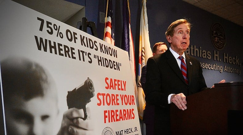 Montgomery County Prosecutor Mat Heck Jr. announced a new campaign Thursday, Feb. 22, 2024, called Safely Store Your Firearms in the wake of another young child who shot himself with an unsecured gun. MARSHALL GORBY\STAFF