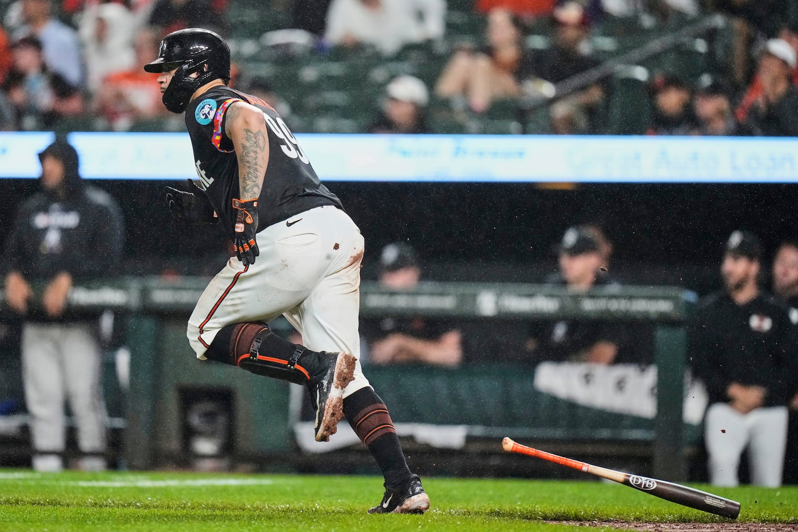Baltimore Orioles' Gary Sanchez starts to run after hitting a two-run RBI single during the sixth inning of a baseball game against the Tampa Bay Rays, Friday, June 27, 2025, in Baltimore. (AP Photo/Stephanie Scarbrough)