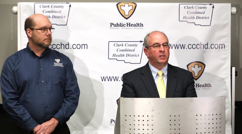 Clark County Health Commissioner Charles Patterson, right, and Dennis Propes, the Miami County Health Commissioner, hold a joint press conference to announce that a man from Clark County, who was staying at a Miami County care facility, has been diagnosed with the Coronavirus. BILL LACKEY/STAFF