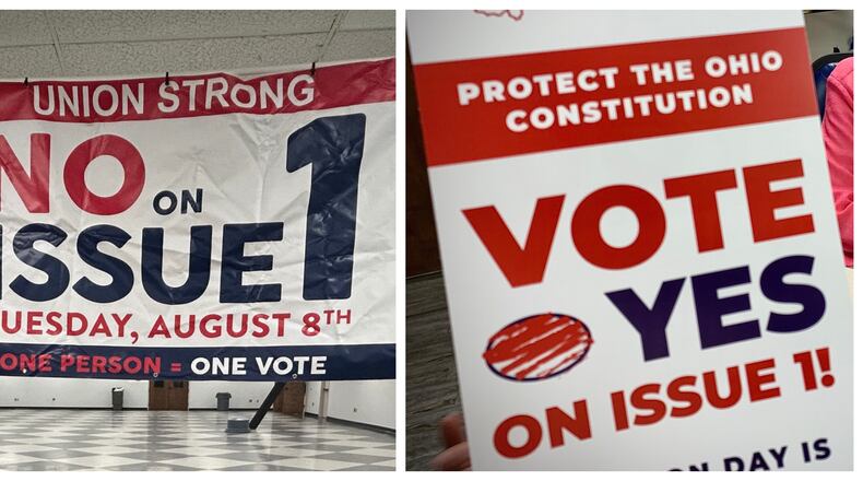 Side by side posters of Vote No and Vote Yes on Issue 1.