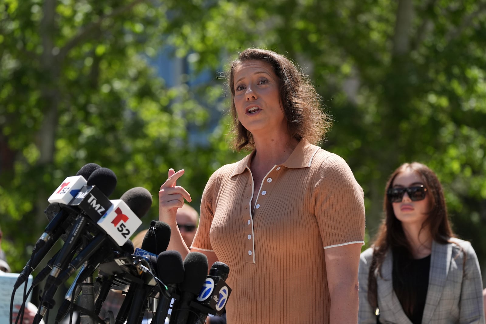 Anamaria Baralt, a cousin of Erik and Lyle Menendez, speaks after a hearing in their case at the courthouse Friday, May 9, 2025, in Los Angeles. (AP Photo/Jae C. Hong)