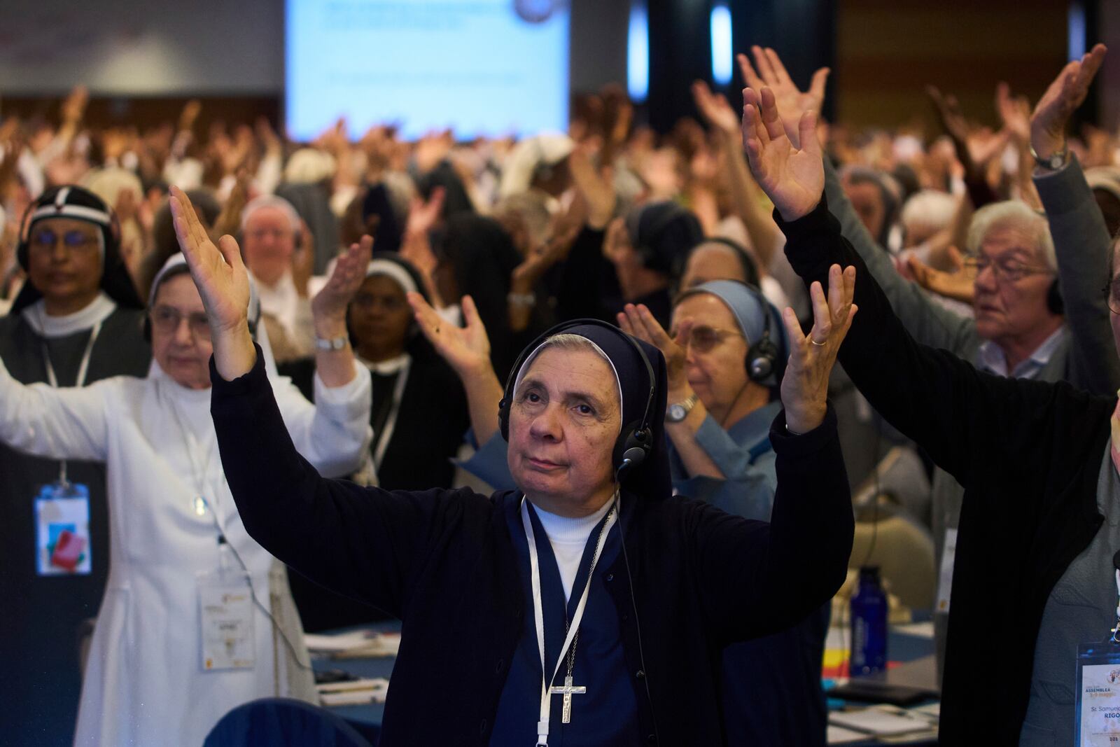 Nuns pray during a congress of nearly 900 superiors of the world's female religious orders in Rome, Monday, May 5, 2025. (AP Photo/Alessandra Tarantino)
