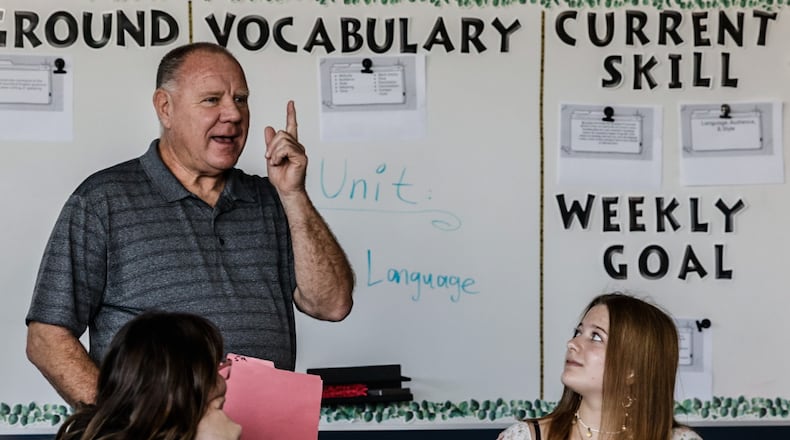 Northridge High School driver's education teacher, Jim McDowell goes over driving protocol in his class Friday October 6. 2023. From left, sophomores Mariyah Williams and Abbegail Chafin are students in the photo. JIM NOELKER/STAFF