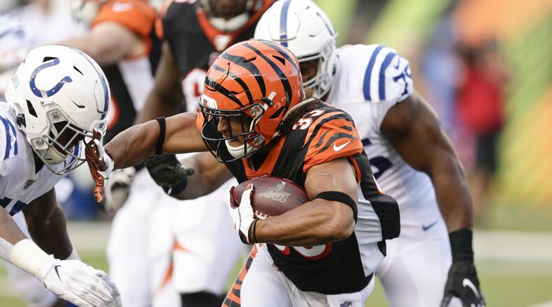 CINCINNATI, OHIO - AUGUST 29: Rodney Anderson #33 of the Cincinnati Bengals runs with the ball against E.J. Speed #45 of the Indianapolis Colts during the second quarter of a preseason game at Paul Brown Stadium on August 29, 2019 in Cincinnati, Ohio. (Photo by Silas Walker/Getty Images) (Photo by Silas Walker/Getty Images)