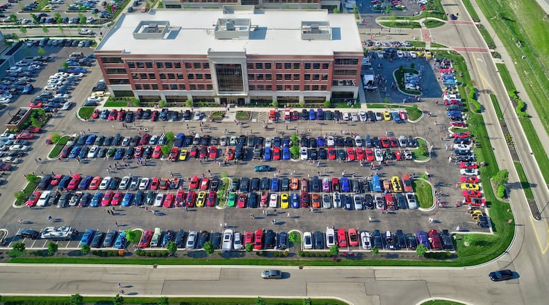Dayton Cars and Coffee seen from above. This is one of three parking lots used at Austin Landing. Photo by Rapid Aerial Imaging