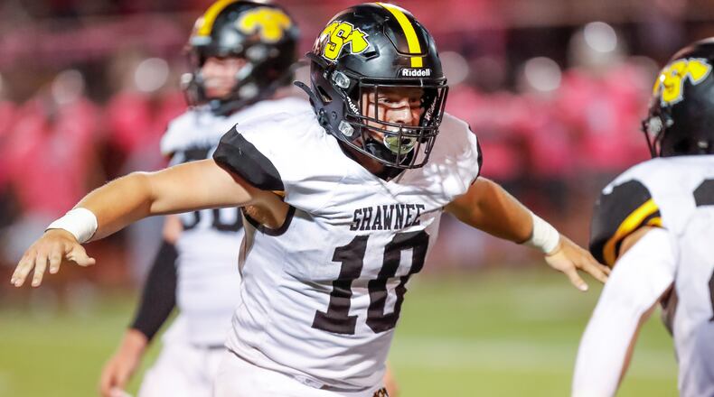 Shawnee High School senior Hayden Coppess celebrates after making a big play during their game earlier this season at Stebbins. CONTRIBUTED PHOTO BY MICHAEL COOPER