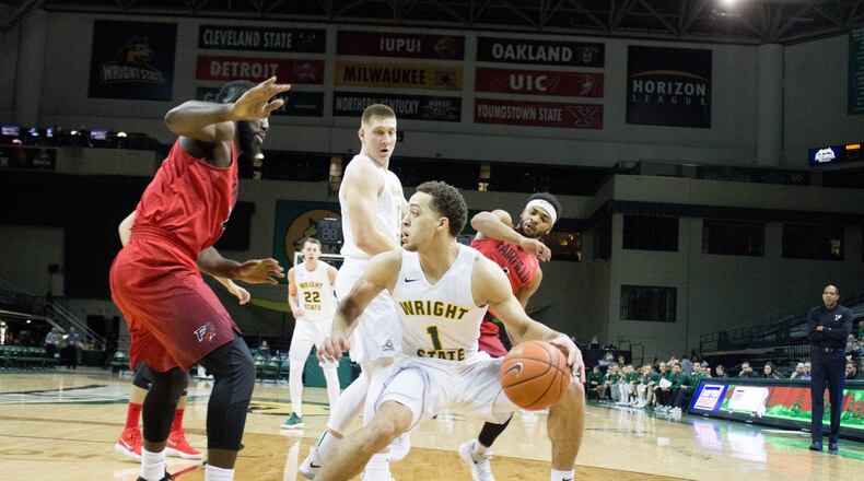 Wright State’s Justin Mitchell looks for room to operate during Sunday’s game vs. Fairfield at the Nutter Center. Allison Rodriguez/CONTRIBUTED