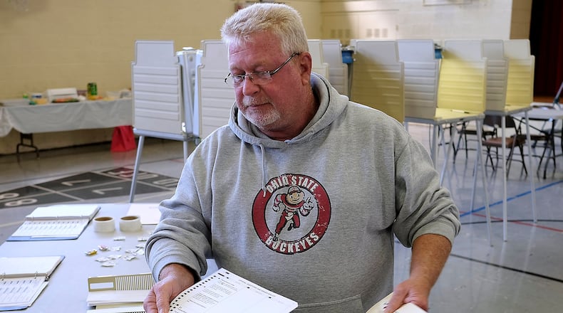 Ken McGarvey casts his vote in the ballot machine at the election poll in St. John’s Lutheran Church Tuesday. McGarvey says he never misses an election. Bill Lackey/Staff
