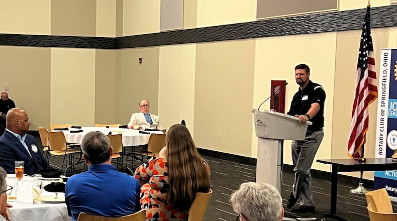 Robert Plaisier, with Gordon Food Service, talks to members of Springfield Rotary on Monday about an indoor farm that will be at Gordon's Springfield distribution center. Hasan Karim/Staff