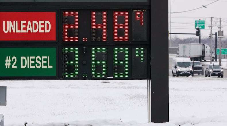 The average cost for a gallon of gas dipped under $3 to its lowest point since May 2021. On Monday, Dayton, Springfield, Hamilton and Middletown saw prices as low as $2.02, $2.17, $2.35 and $2.45, respectively, according to gas station pricing app GasBuddy. Gas was 2.49 at Flying J on Northwoods Boulevard in Vandalia on Tuesday. BRYANT BILLING/STAFF